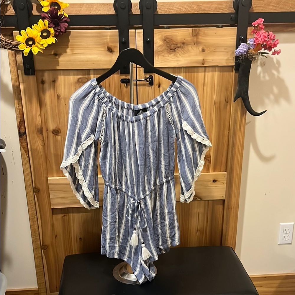 Angie Blue and White Striped Off-Shoulder Romper